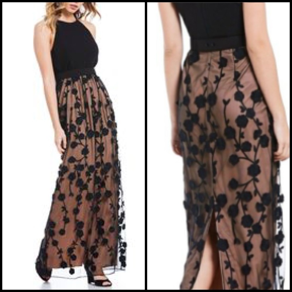 Belle Badgley Mischka Wesley Elegant Black Floral Appliqué Maxi Formal Dress 4